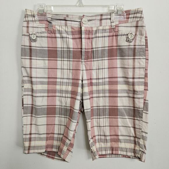 St. Johns Bay Women's Size 6 Bermuda Shorts Plaid Pink Tan Brown Pockets - Picture 1 of 11